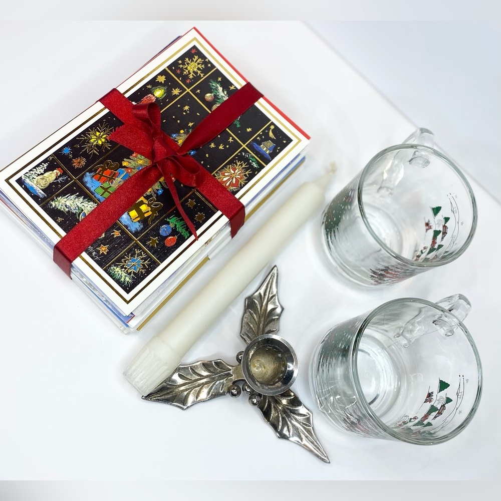 Vintage Christmas Restoration Hardware Silver Candle Holder Mugs Cards Gift Set